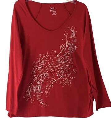 JMS Top Womens 18W 20W Red Floral Glitter Ruched Sides Pullover V Neck Blouse - Image 1 of 4
