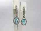 4Ct Pear Lab Created Blue Topaz Halo Drop Dangle Earrings 14K White Gold Plated