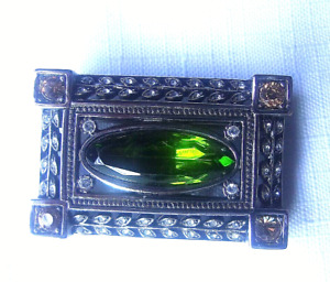 Joan Rivers Antiqued Silver Tone Rectangle Frame Green Crystal Center Pin