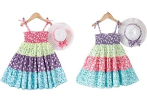NWT GIRLS 4, 5, 6, 7 Pink or Purple SPRING/SUMMER SMOCKED SUNDRESS + STRAW HAT - Picture 1 of 18