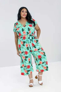 Moana Jumpsuit 18-26 2XL-6XL Hell Bunny tropical floral green vintage wedding - Picture 1 of 12