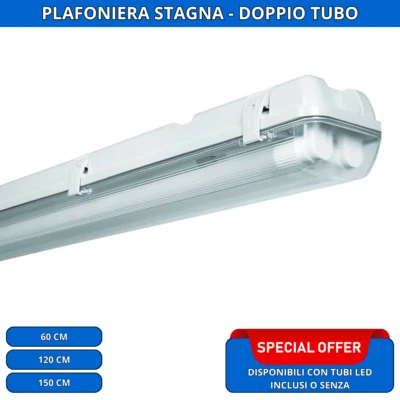 PLAFONIERA STAGNA LED COMPLETA DI NEON TUBO T8  60-120-150 CM 220V SOFFITTO IP65 - Image 1 of 4