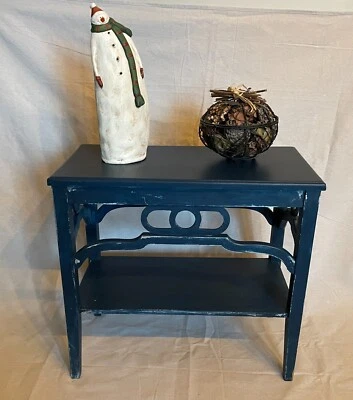 Refurbished and Hand-painted Atlantic Blue Side Table with a Rustic Look - Image 1 of 4