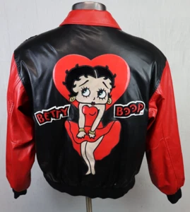 Excelled Betty Boop Heart Varsity Jacket Faux Leather Size XL Black Red Full Zip - Picture 1 of 13