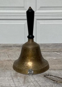 Antique Large Brass Bell Wooden Handle Old One Room Schoolhouse 11" H #13 - Picture 1 of 1