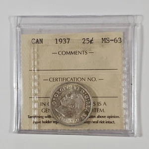 Canadá 1937 25 veinticinco centavos - KM# 35 - ICCS CERTIFICADO MS-63 - CD-034 - Imagen 1 de 9