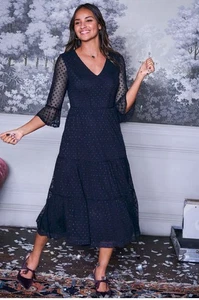 Boden Rosanna Dress Women's 12R Polka Dot Embroidered Blue Lace Tea Bell Sleeve - Picture 1 of 14