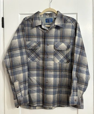Vintage Pendleton Men’s Large Blue/Grey Plaid Wool Loop Collar Board Shirt - Image 1 of 4