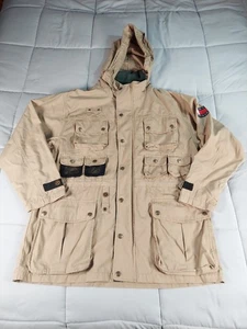 Giacca di tela Tommy Hilfiger vintage uomo grande cappotto da fienile lavoro con cappuccio a scatto usata in ottime condizioni - Foto 1 di 24