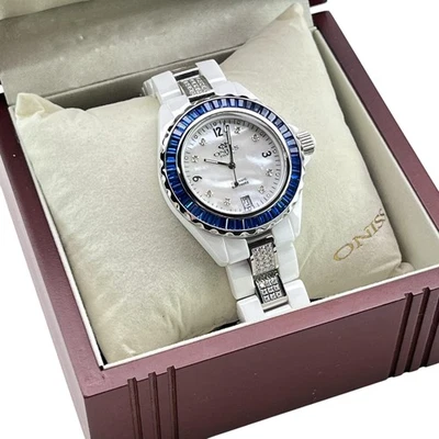 Reloj Oniss Princess Swiss Mujer Blanco MOP Bisel Azul Fecha ON8890-L Foto 1 de 4