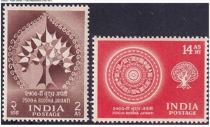 India 1956 Buda Jayanti Budismo Conjunto de 2 Estampillas Como Nuevo Bisagras - Imagen 1 de 2