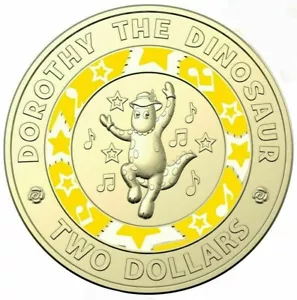 Australian Two Dollar $2 coin 2021🟡WIGGLES🟡Dorothy Dinosaur🟡YELLOW🟡circ - Foto 1 di 2