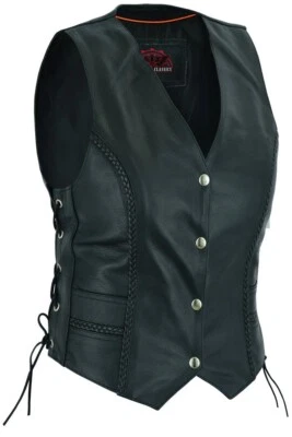 Women's Leather Motorcycle Braided Black Cowhide Ladies Vest With 2 Gun Pockets - Image 1 of 4