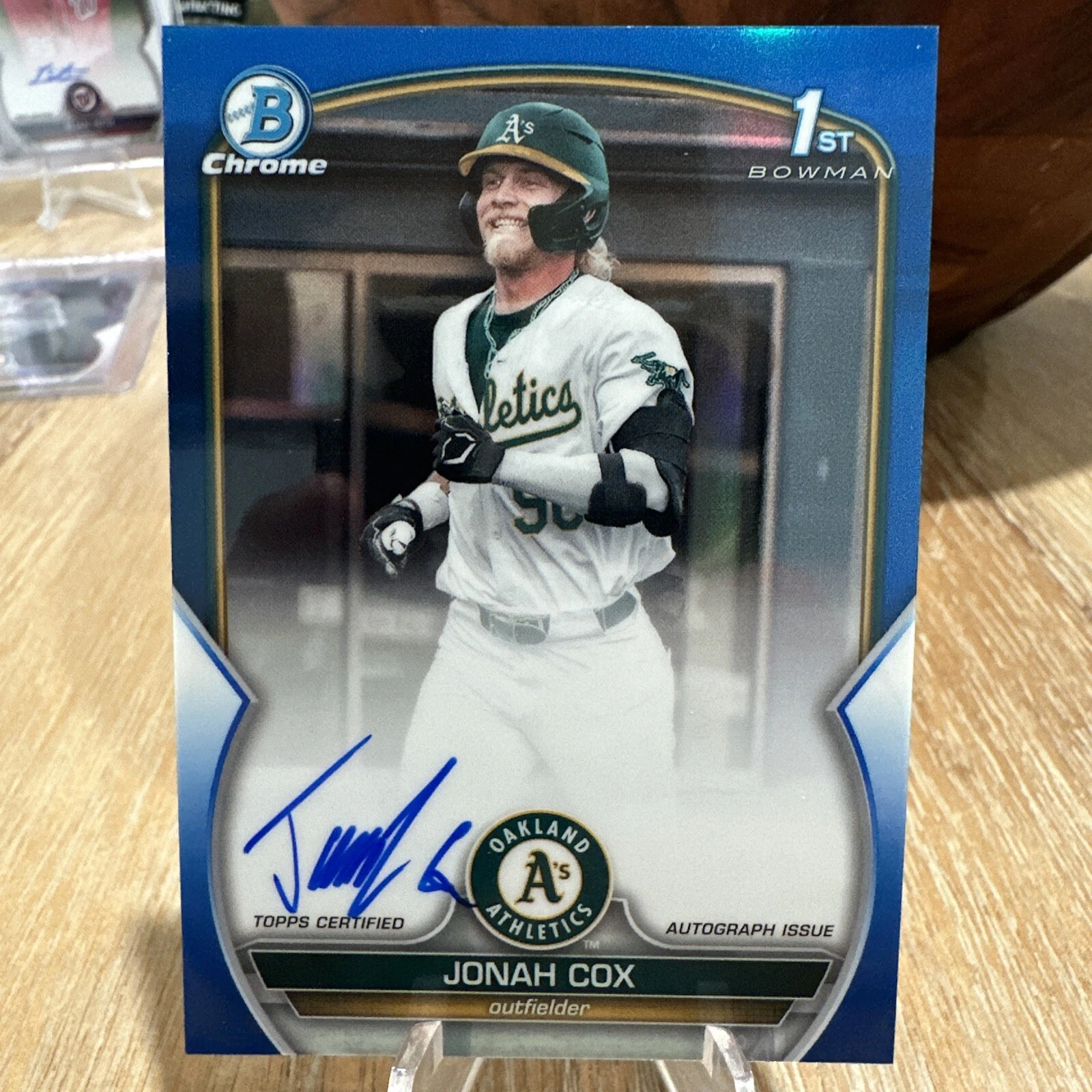 JONAH COX 2023 BOWMAN CHROME DRAFT 1ST TRUE BLUE REFRACTOR AUTO #71/150