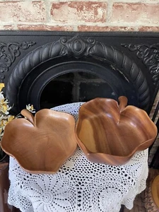 Vintage 2 Monkey Pod Blattform Holzschalen Made in Hawaii gewellter Rand MCM - Bild 1 von 9