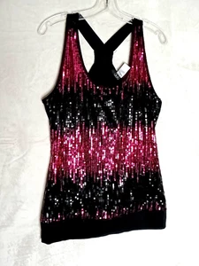 Deb Womens 1XLSequin Racer Back Sleeveless Tank Top Burgundy and Black 19" A/A - Picture 1 of 5