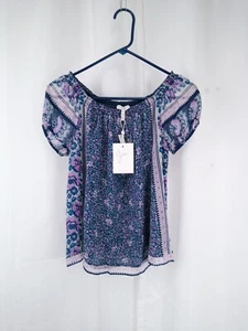 Joie Tinashe Floral Print Silk Blouse Dark Navy Puff Sleeve Peasant Size XS - Picture 1 of 11