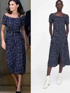 Zara Navy Blue White Tweed Textured Boucle Gem Button Midi dress Queen Letizia S - Picture 1 of 14