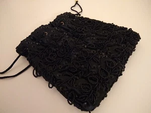 Vintage Heavily Sequined and Beaded Satin Drawstring Evening Bag. - Picture 1 of 6