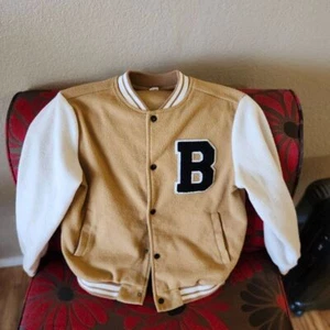 Shein Kids' Varsity Jacket Size 11-12Y Tan & White Polyester Letterman Style Sna - Picture 1 of 7