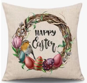 Happy Easter Egg Wreath Spring Flower Easter Throw Pillow Cover Holiday  Decor - Picture 1 of 4