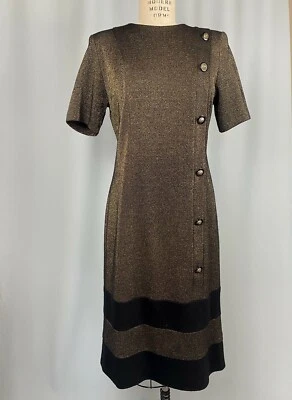 vintage dress SIZE 10 TALL  knit metallic black gold BONNELL 80s 90s modest - Image 1 of 4