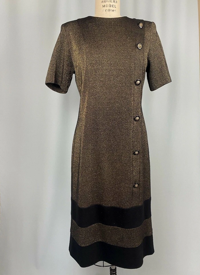 Vestido vintage TAMANHO 10 ALTURA malha metálica ouro preto BONNELL 80s 90s modesto - Imagem 1 de 4
