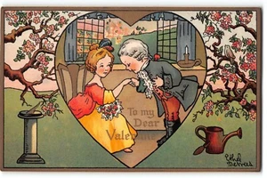 Postal de San Valentín vintage pareja romántica en jardín reloj de sol pájaro cantor años 1900 - Imagen 1 de 2