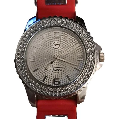 Techno Pave Men’s Silvertone 10.5” Watch Bling Hip Hop Red Band New Battery - Image 1 of 4