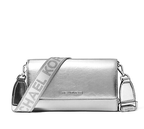 Nuovo Michael Kors Jet Set Articolo Grande Portafoglio Tracolla Argento Metallico