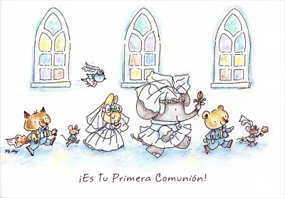 Spanish FIRST COMMUNION Card, Cute Church Animals by Sinceramente Hallmark +✉ - Image 1 of 4
