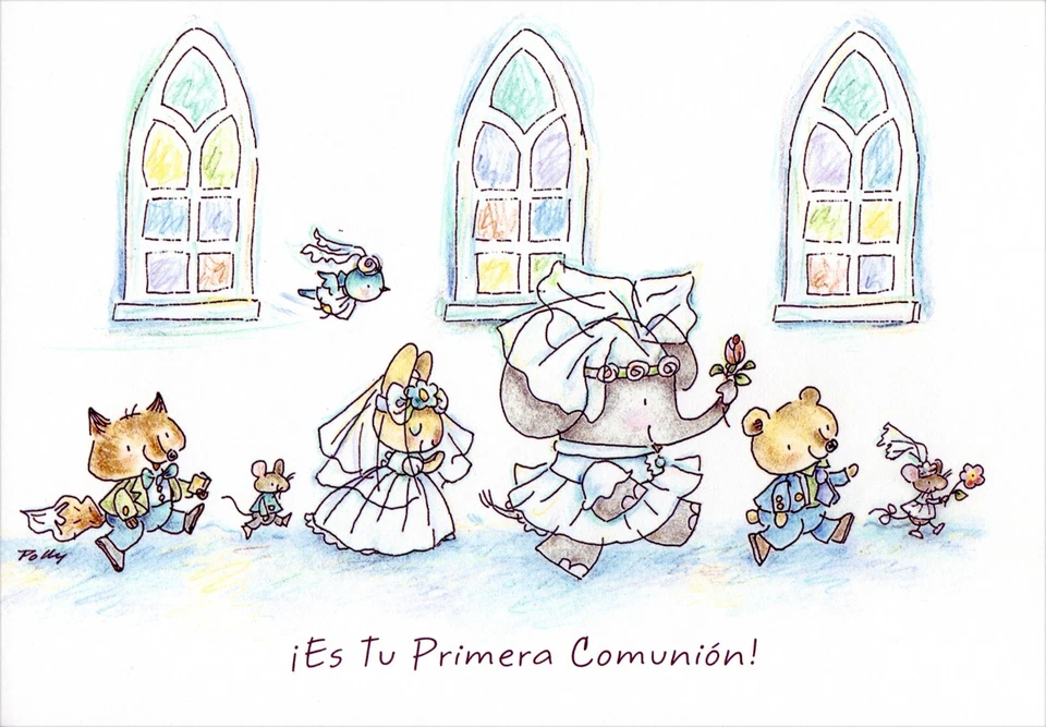 Spanish FIRST COMMUNION Card, Cute Church Animals by Sinceramente Hallmark +✉ - Image 1 of 4