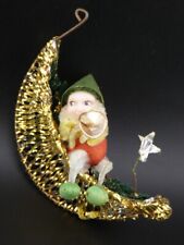Vintage Christmas Gold Foil Mesh Pinecone Elf with Trumpet Moon Ornament Japan