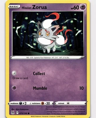 Hisuian Zorua Common SWSH11: Lost Origin 075/196 NM Pokemon - Image 1 of 2