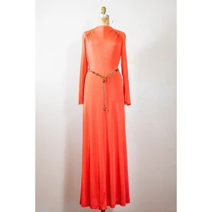 Vintage 70s Mod Hostess Dress Bright Orange Minimalist High Neck, Goddess Gown S - Picture 1 of 11