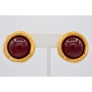 Givenchy Vintage Cabochon Clip On Earrings Red Glass Brushed Gold Signed BinAV - Picture 1 of 12