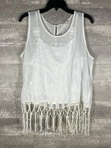 Weißes transparentes Fransen Blumen bestickt Crop Top Gr. XL Boho Hippie Küste - Bild 1 von 20