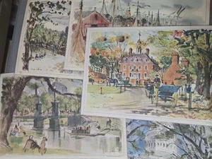 Set of 6 Vintage George Snow Travel Prints — Central Park NYC, Boston, Glouceste - Picture 1 of 4