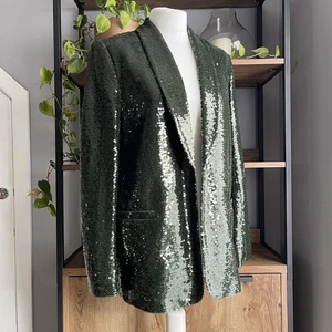 M&S Sequin Jacket 12 Dark Green Open Front Blazer Pockets New with Tags - Picture 1 of 9