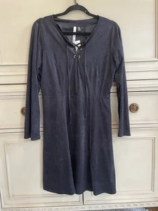 NY Collection Black Suede Midi Dress Lace Up Neck Long Sleeve NWT $70 - Picture 1 of 9