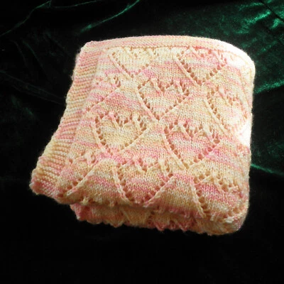 Lace Hearts Baby Shawl Blanket 100% merino wool hand knitted in AU Peach Print - image 1 of 4
