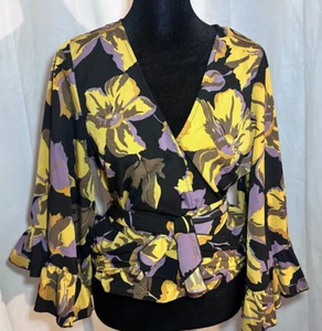 Boho Spring Floral Wrap Blouse M Bell Sleeve Black & Floral Top Ruffle Hem NWT - Picture 1 of 9
