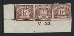 1922 1½d CHESTNUT POSTAGE DUE ROYAL CYPHER WMK (V23) CONTROL STRIP OF 3. SG D3 - Picture 1 of 1