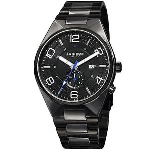 Men's Akribos XXIV AK849BK Swiss Dual-Time Date Black Dial Stainless Steel Watch - Picture 1 of 7