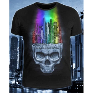 Herren T-Shirt "Dark City" mit Muster unter UV Schwarzlicht leuchtet Neon Psy - Bild 1 von 3