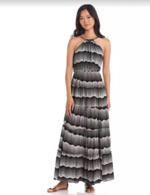 Nuevo con etiquetas Vestido Maxi T-Bags Los Angeles Halter en Niveles, Blanco y Negro, Mediano Foto 1 de 4