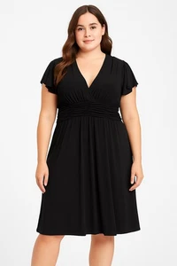 Jones Wear schwarzes Empire-Taillenkleid Damengröße 14 kurze Flatterärmel gerafft - Bild 1 von 4