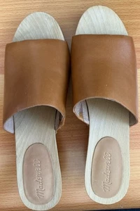 Madewell Women’s Sandals Brown Leather Slides Size 9 1/2 Wood Bottom - Picture 1 of 6