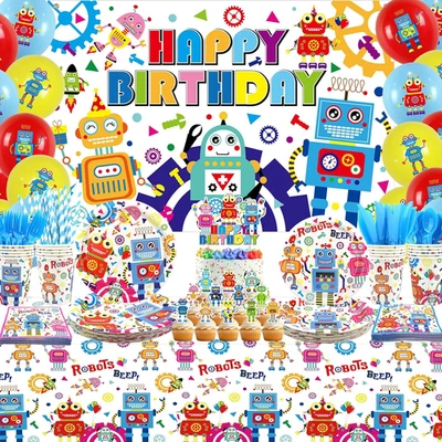 Robot Decoraciones Fiesta Cumpleaños, Robot Feliz Cumpleaños Telón de Fondo, Decoración para Pasteles, T Foto 1 de 4
