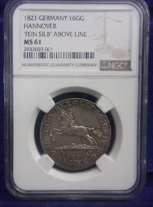 1821 Germany Hannover ABOVE LINE 16 Gute Groschen Silver NGC MS61 *JJ* - Picture 1 of 4
